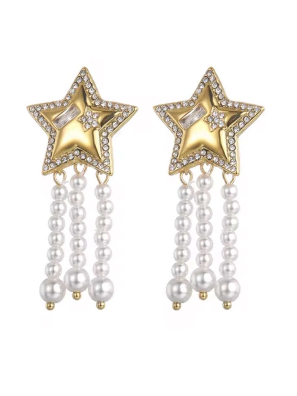 Gold Star Drop Earrings with Pearl Tassels A1096
